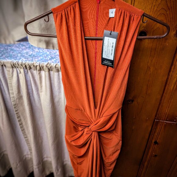 Terracotta Plunge-Neck Split Maxi Dress With Knot Detail - Picture 5 of 7